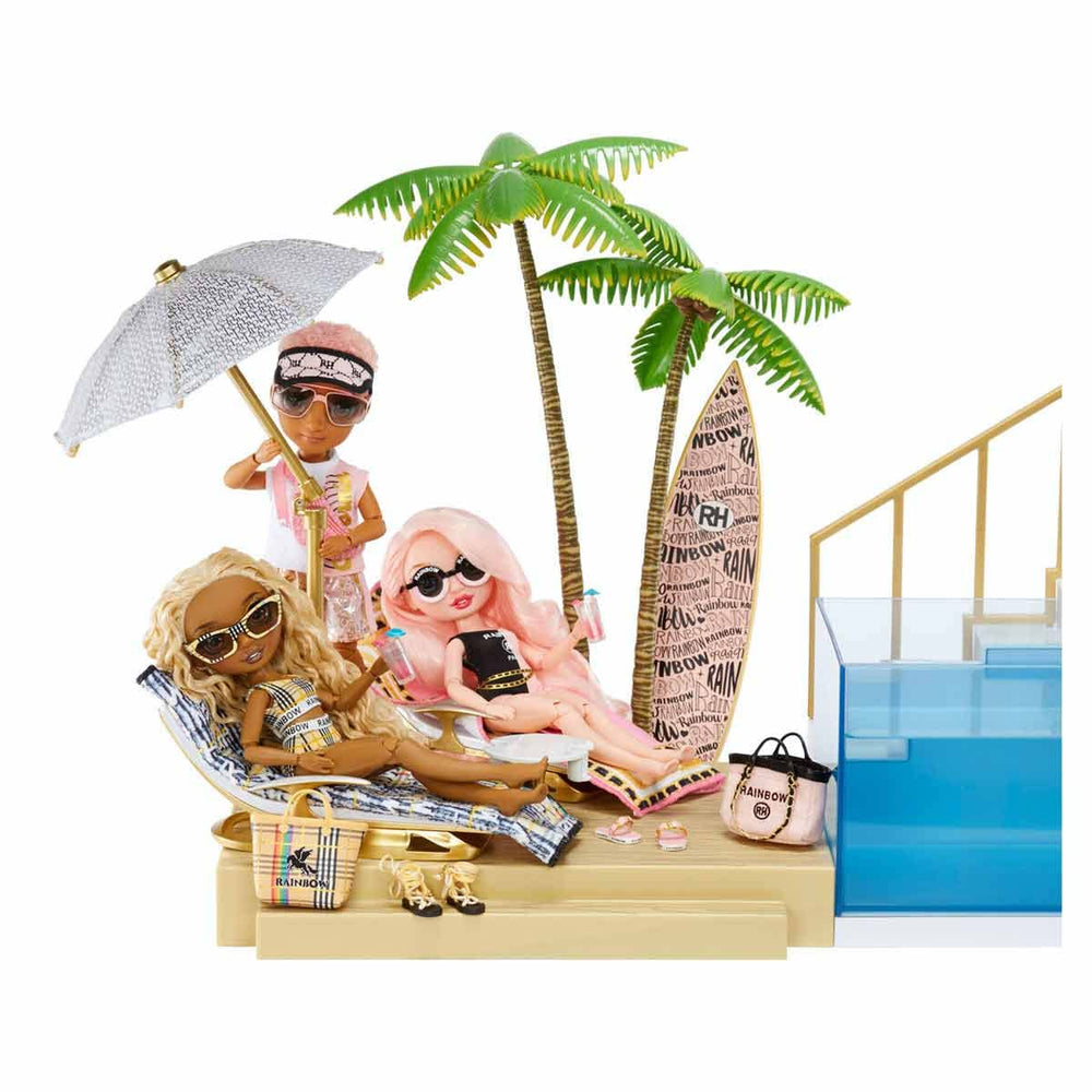 Rainbow High palm trees and wood deck set a coastal play scene