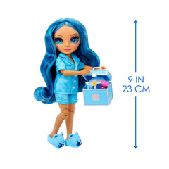 Skyler blue-pajama trunk with nail tools supports creative at-home spa play