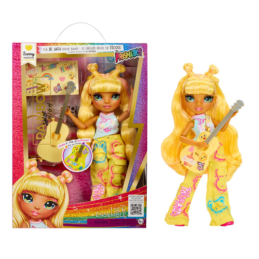 Rainbow High Sunny yellow doll with guitar ready for imaginative rock performances.