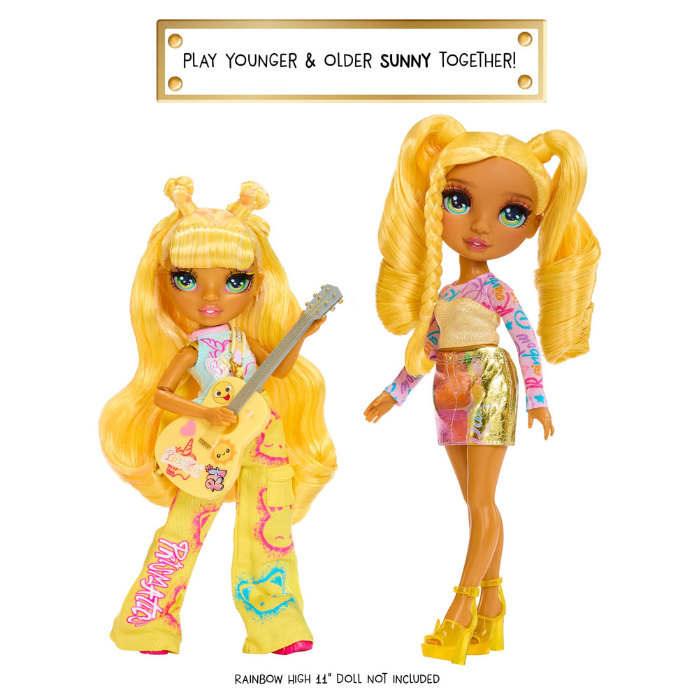 Rainbow High Sunny yellow doll hair close-up emphasizes brushable hair and color.