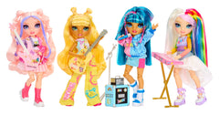 Rainbow High Sunny yellow doll posing with guitar demonstrates poseable articulation.