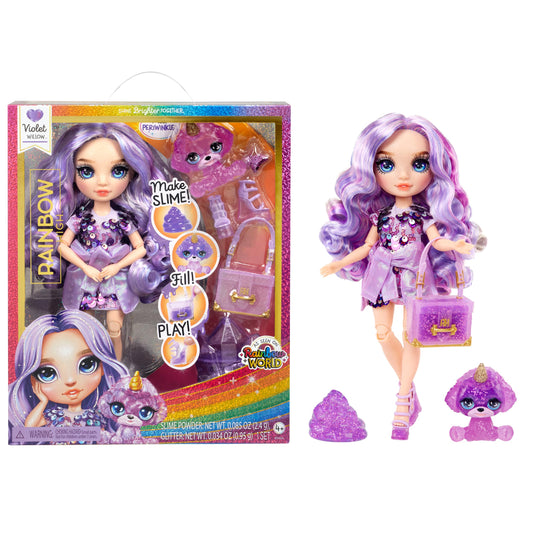 Rainbow High Violet doll posing with a glittery outfit for imaginative play.