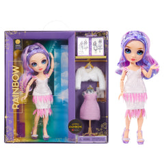 Rainbow High Violet Willow doll portrait highlighting collectible purple fashion for imaginative play.