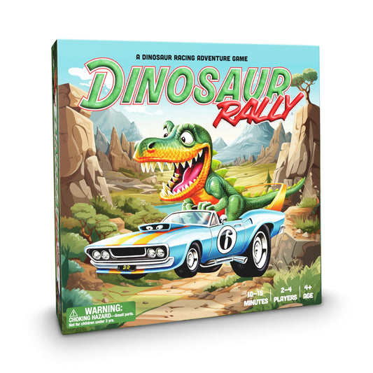 Raincorn Games Dinosaur Rally board for fast, family-friendly dinosaur races and learning.