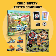 Raincorn Games Dinosaur Rally packaging shows durable design for storage and travel.