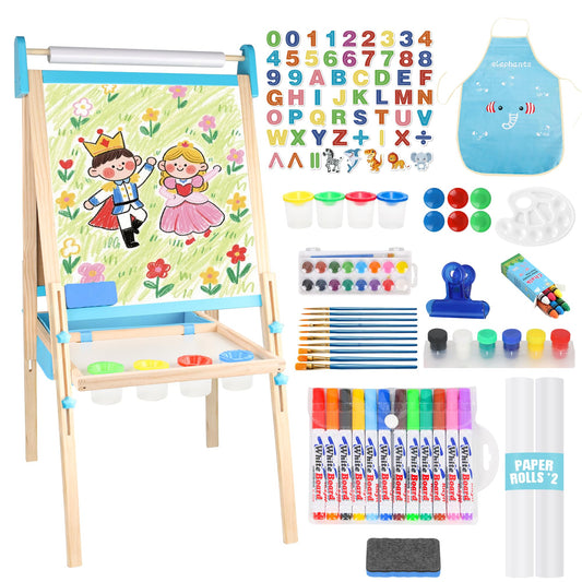 Ranqibo wooden adjustable kids easel highlighting height adjustment for growing artists.
