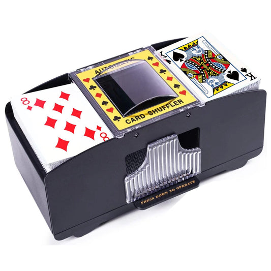 Rareidel automatic card shuffler, front view, ready for quick two-deck shuffle