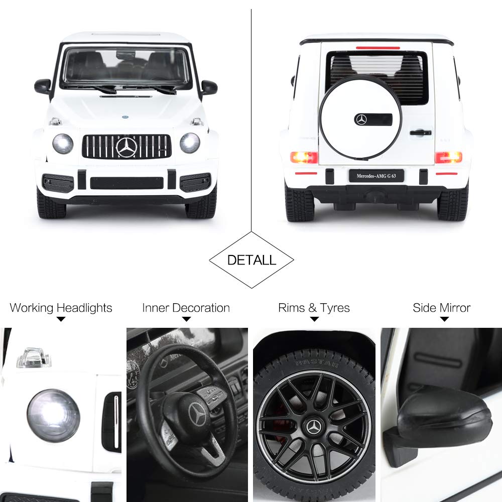 RASTAR Mercedes-AMG G63 RC, LED headlights and taillights illuminate nighttime play.