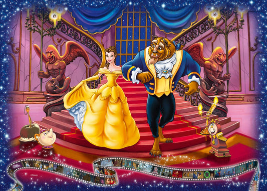 Ravensburger Beauty and the Beast 1000pc puzzle shows Belle and Beast ballroom scene for family fun.
