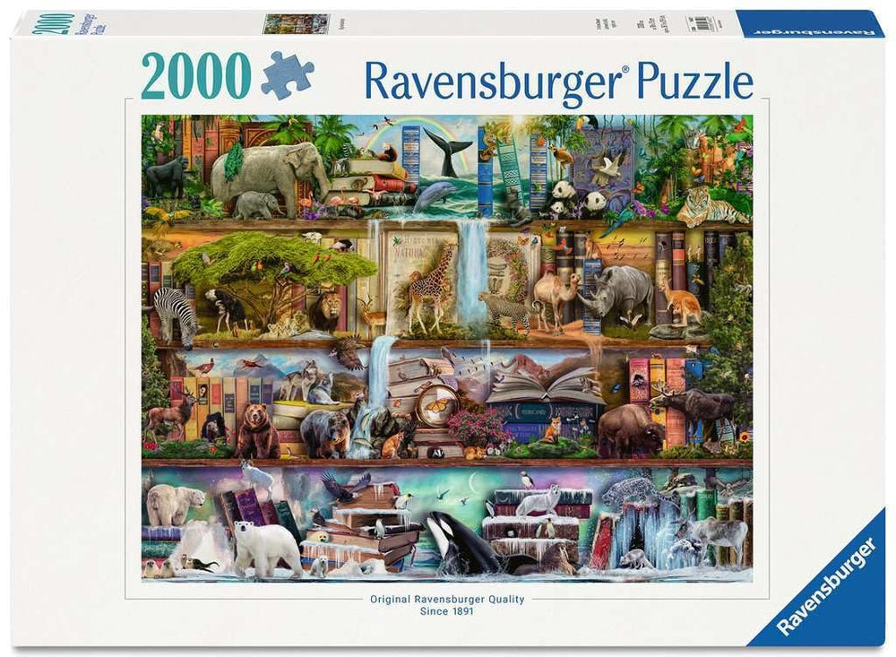 Ravensburger Big Animal World puzzle cover shows a vibrant wildlife scene for immersive entertainment.