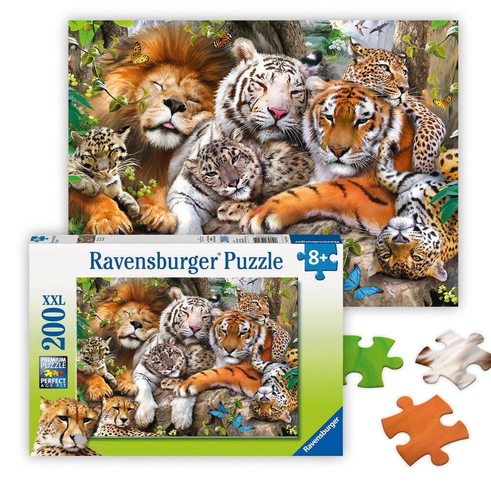Ravensburger Big Cat Nap puzzle shows lions and tigers in a vibrant scene for family time