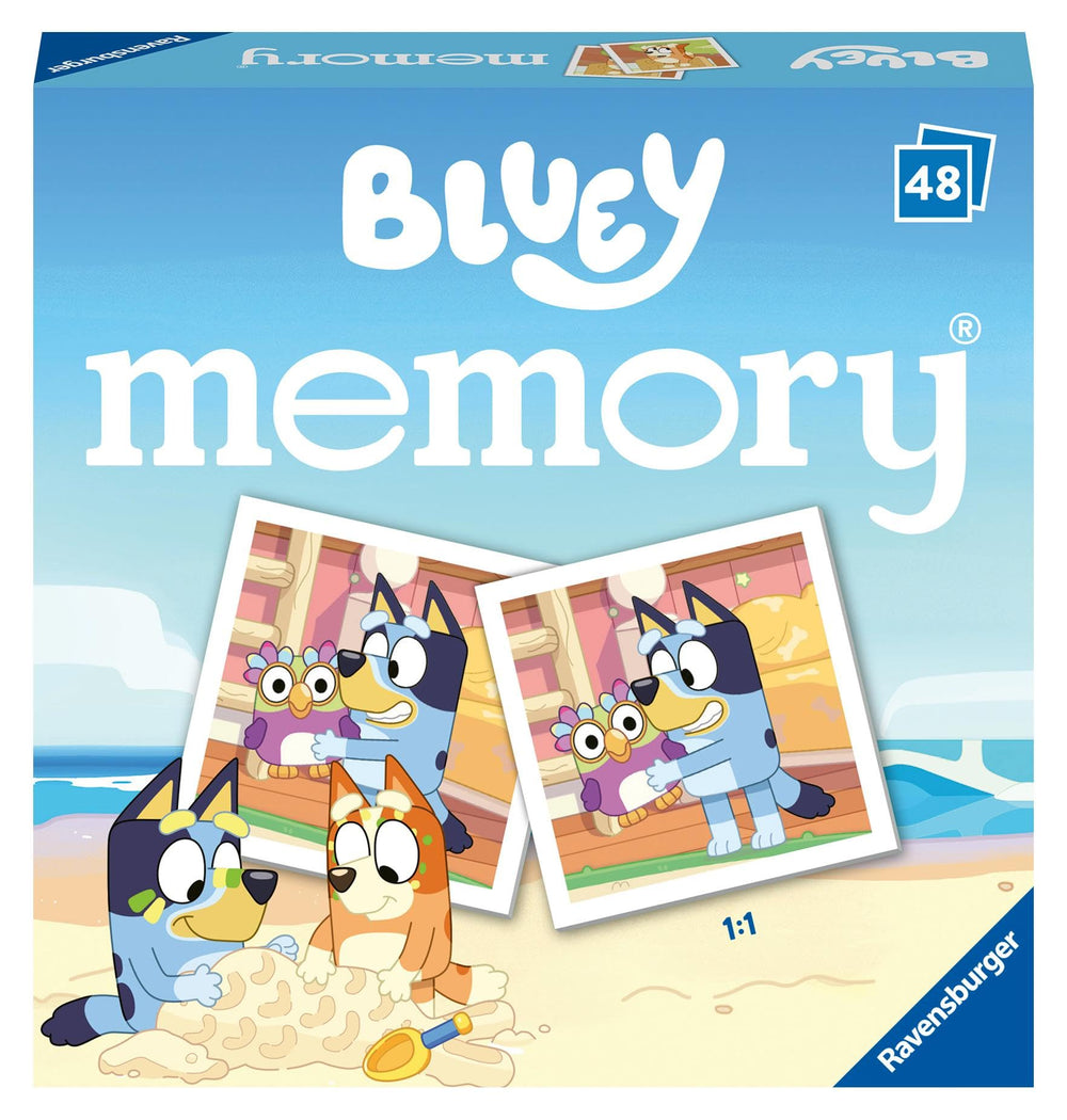Ravensburger Bluey mini memory card set for kids ages 3+, supports concentration and turn-taking.