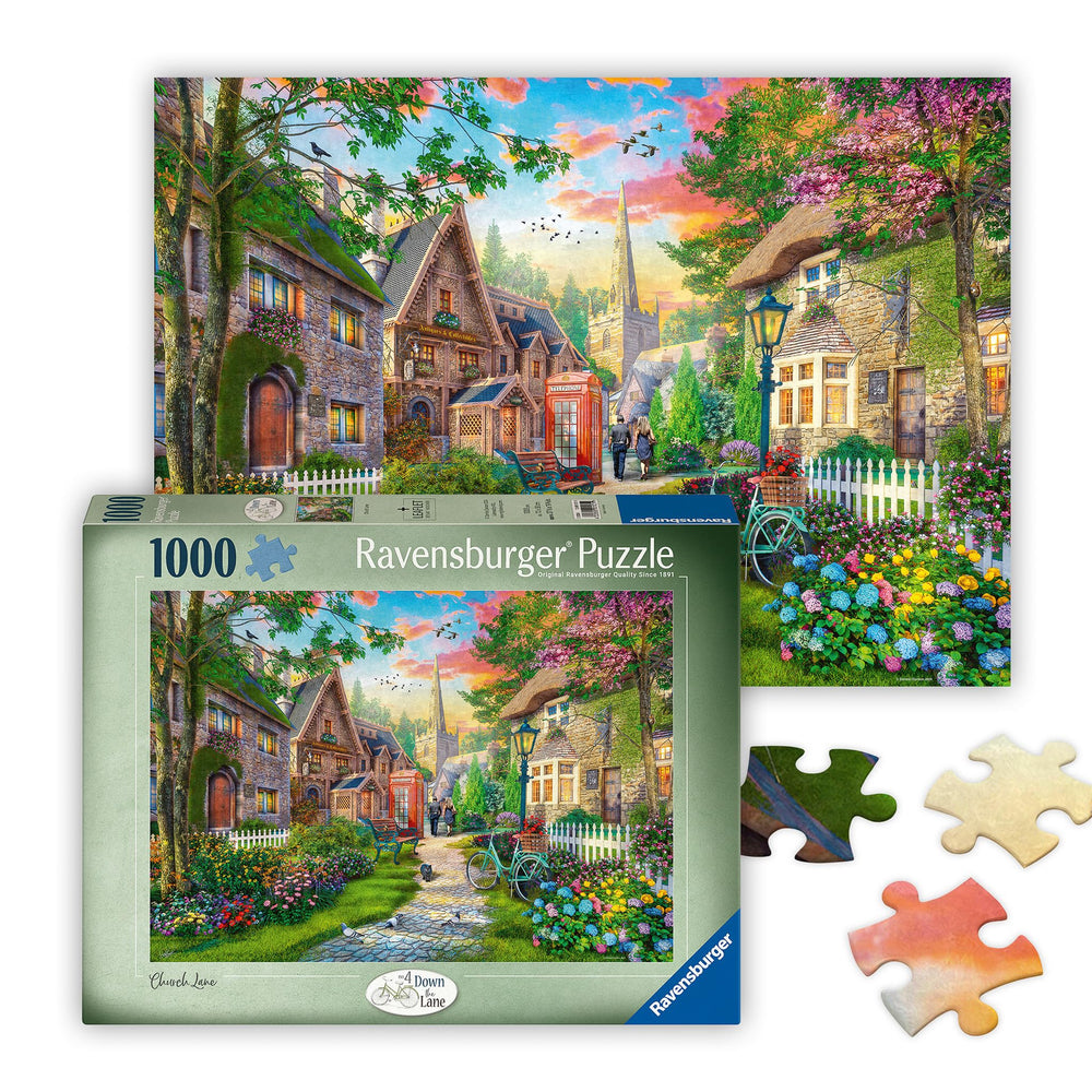 Ravensburger Church Lane puzzle cover showing a tranquil English village scene for mindful evenings.