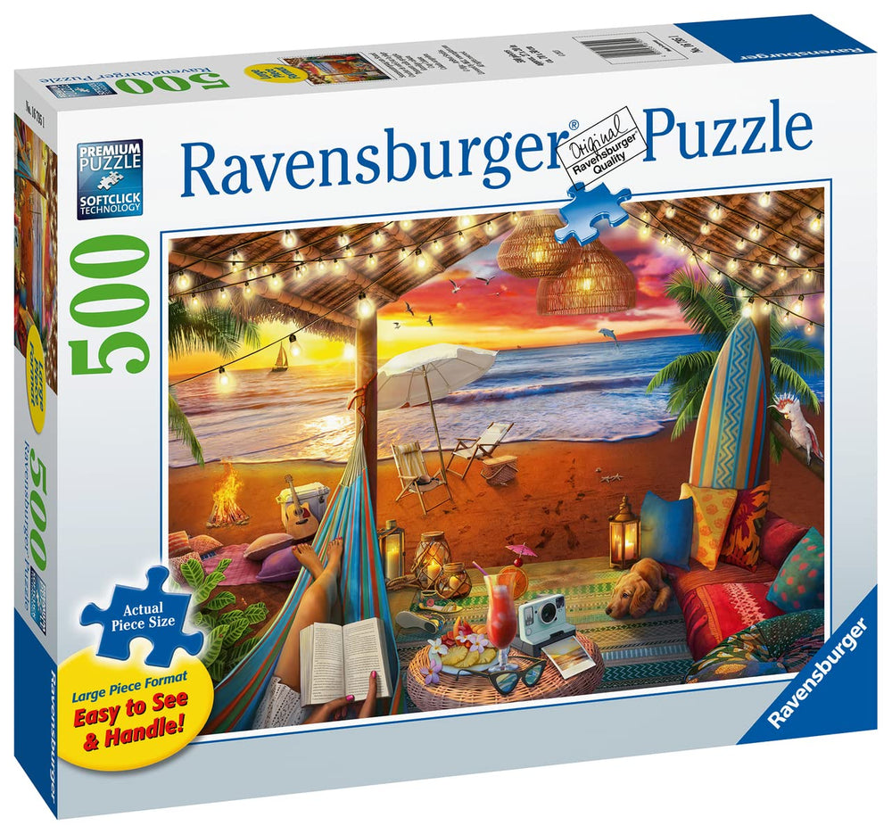 Ravensburger Cozy Cabana Puzzle vibrant art from global artists enhances the scene.
