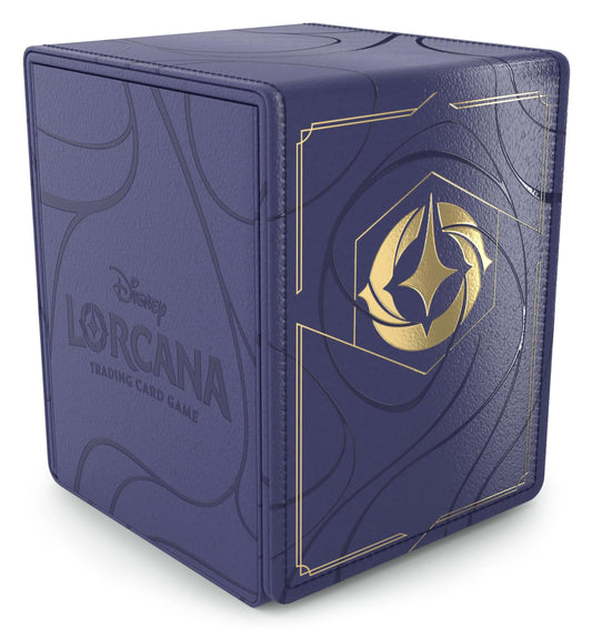 Ravensburger Disney Lorcana premium deck box with closed lid, secure magnetic closure for portable protection.