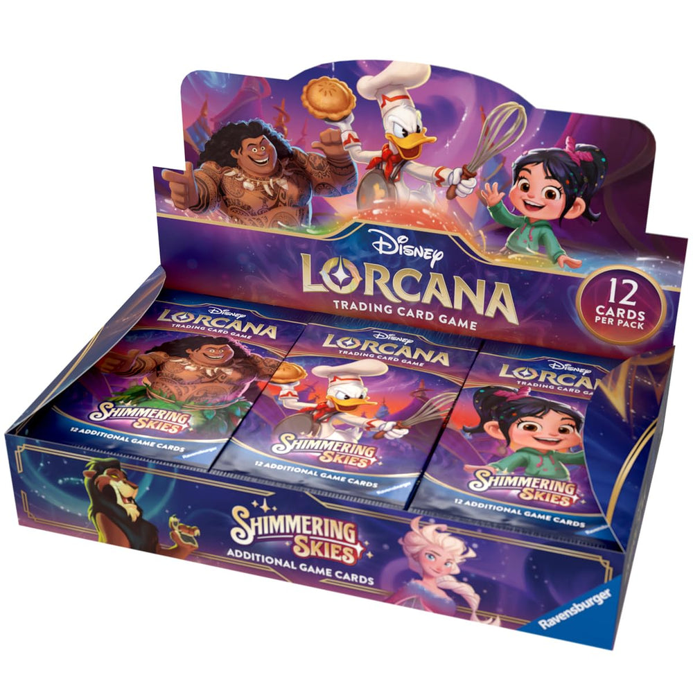 Ravensburger Disney Lorcana Shimmering Skies booster display front view highlighting vibrant card art