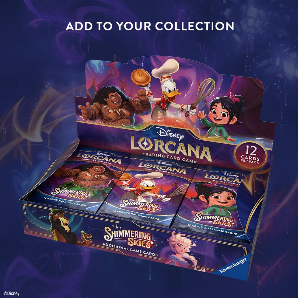 Ravensburger Disney Lorcana Shimmering Skies booster packs arranged for collection and trades