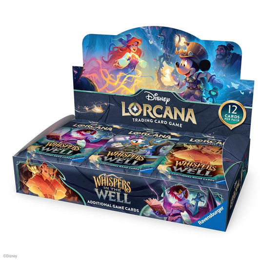 Ravensburger Disney Lorcana Whispers in the Well booster display front view, vibrant artwork for collectors.