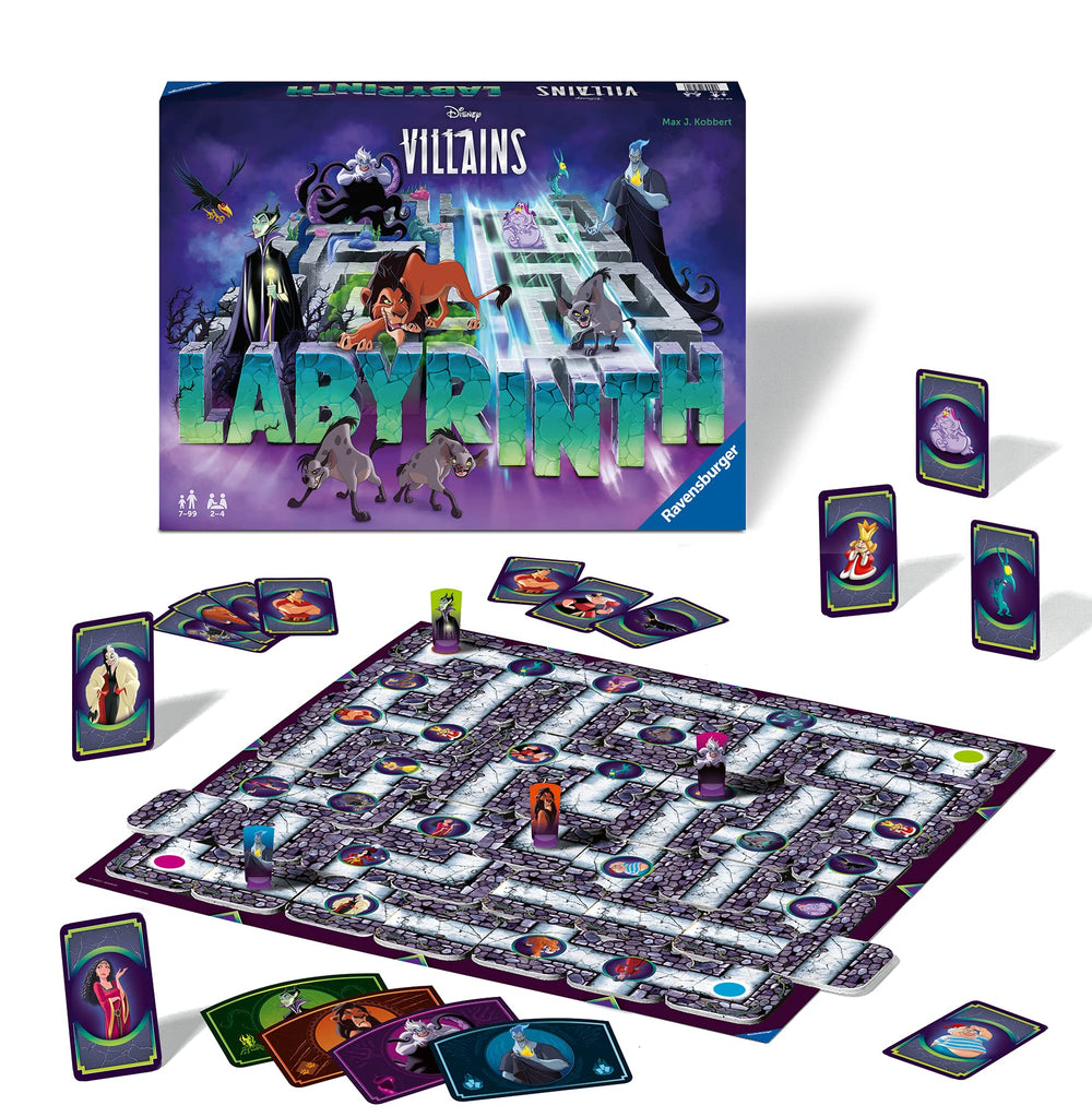 Ravensburger Disney Villains Labyrinth box and a cozy game night setup.