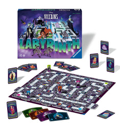 Ravensburger Disney Villains Labyrinth box and a cozy game night setup.