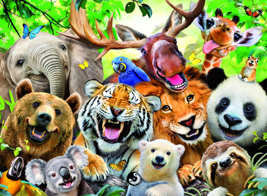 Ravensburger Exotic Animals Selfie puzzle cover with vibrant wildlife for screen-free play