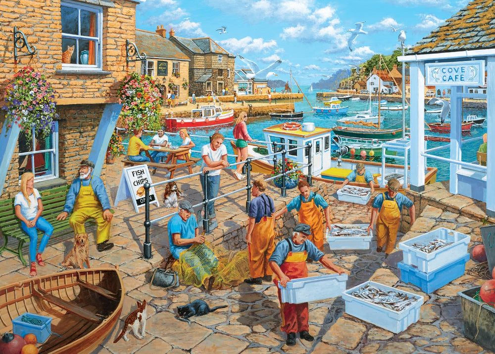 Ravensburger Fisherman's Life coastal cabin scene with nets and boats, ideal for family puzzle nights