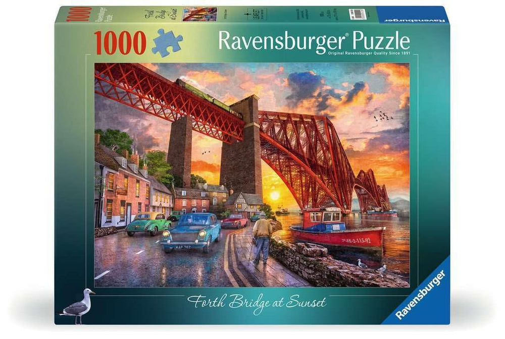 Ravensburger Forth Bridge Sunset 1000-piece puzzle capturing golden hour glow over water.