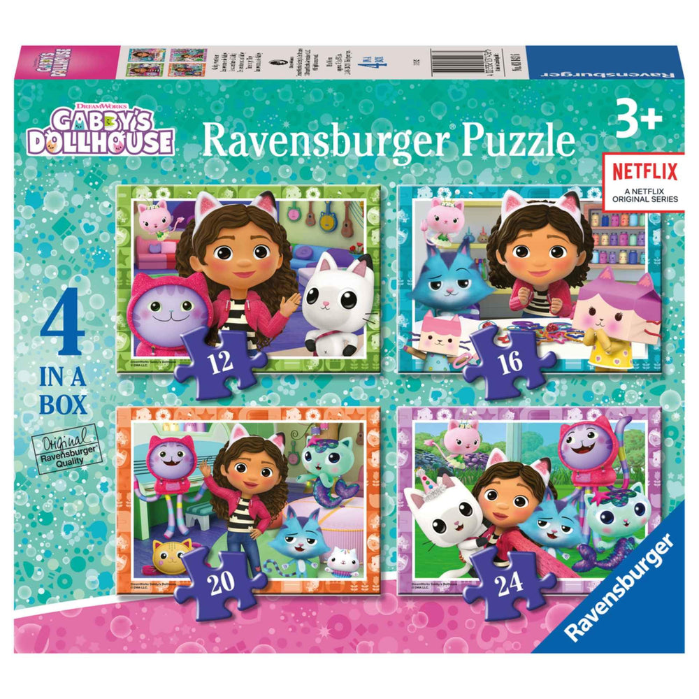 Ravensburger Gabby’s Dollhouse 12-piece puzzle box for ages 3+, supports concentration.