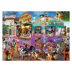 Ravensburger Hot Diggity Dogs scene with dogs and kitties promotes cooperative play.