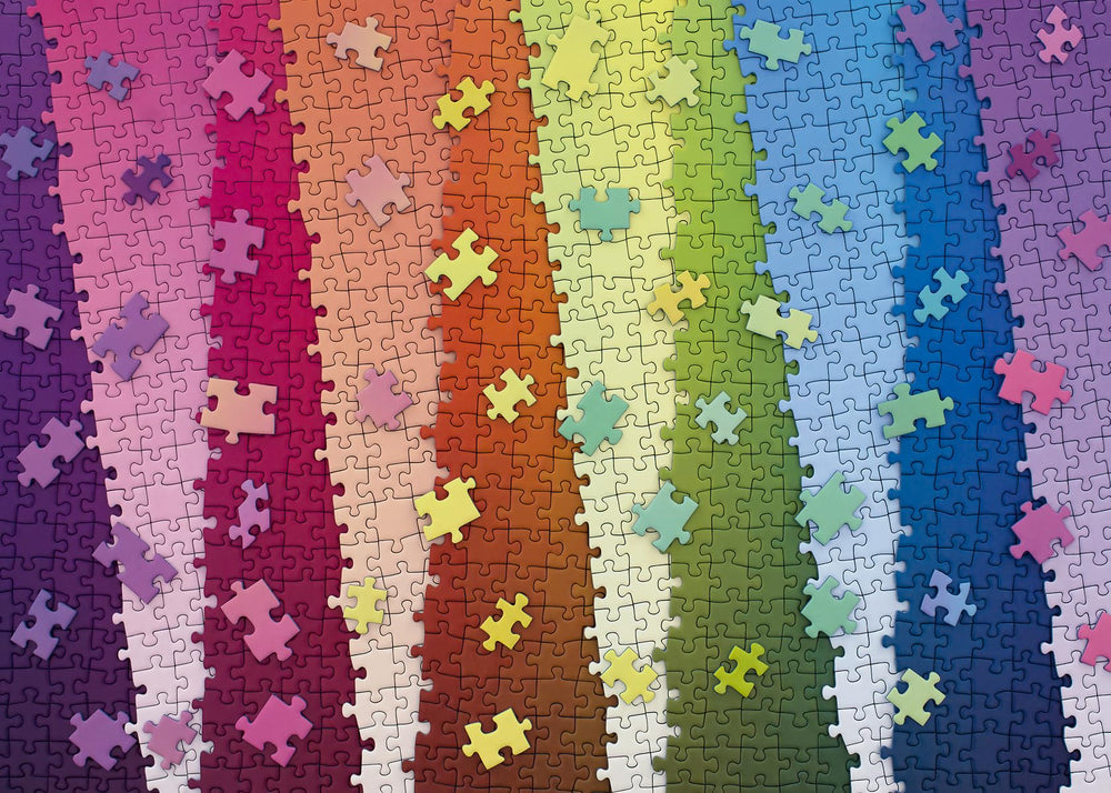 Ravensburger Colors on Colors rainbow waterfall close-up, vivid print helps focus and enjoyment during puzzling sessions.