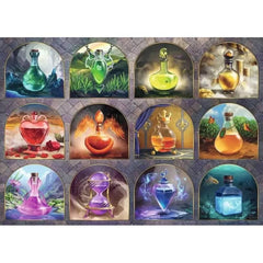Ravensburger Magical Potions puzzle artwork with jewel-toned elixirs for focused puzzling.