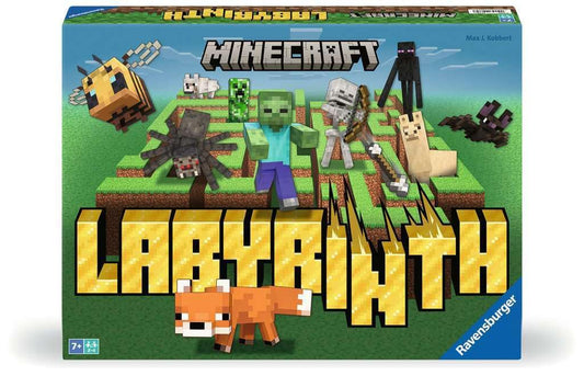 Ravensburger Minecraft Labyrinth play scene showing shifting maze paths for 2-4 players