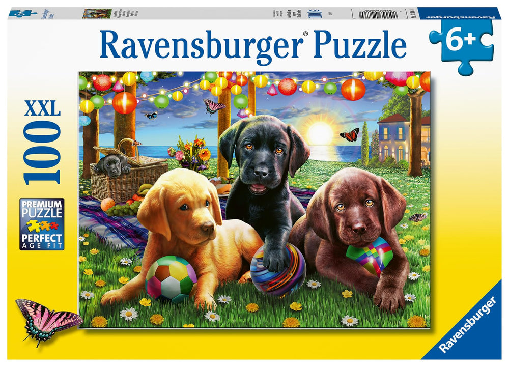 Ravensburger Puppy Picnic: colorful scene—stimulates imagination and outdoor play curiosity for young puzzlers.