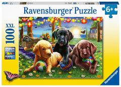 Ravensburger Puppy Picnic: colorful scene—stimulates imagination and outdoor play curiosity for young puzzlers.