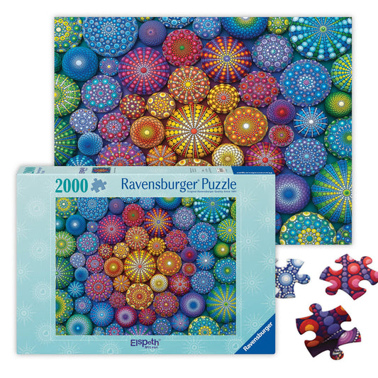 Ravensburger Radiating Rainbow Mandalas puzzle cover with vibrant colors for mindful puzzle-solving.