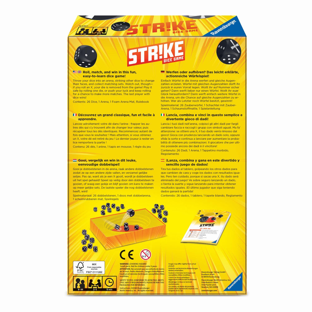 Ravensburger Strike in-box arena and dice tray in use, ideal for travel and gatherings.