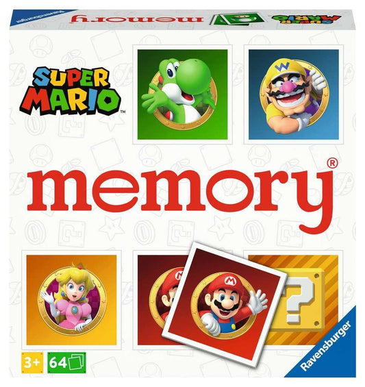 Ravensburger Super Mario Memory cards spread showing 32 pairs for family play.