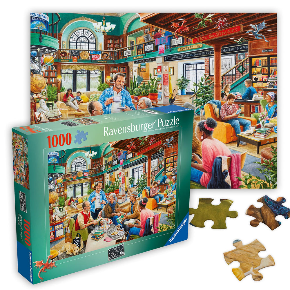 Ravensburger Turn The Page Bookclub puzzle scene, cozy shelves for calm puzzle time.