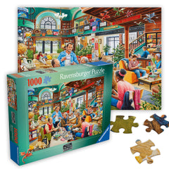 Ravensburger Turn The Page Bookclub puzzle scene, cozy shelves for calm puzzle time.