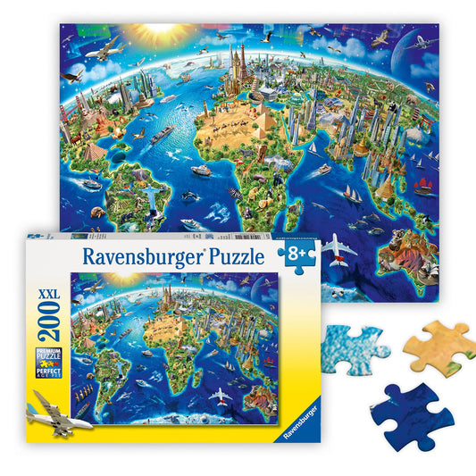 Ravensburger World Landmarks Map 200-piece puzzle featuring the Eiffel Tower — boosts geography learning and family fun.