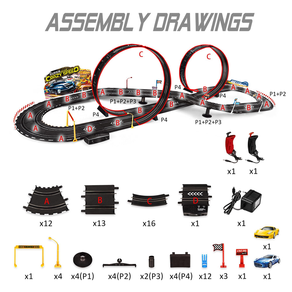 RCOVASC slot car track with two cars promotes cooperative racing fun.