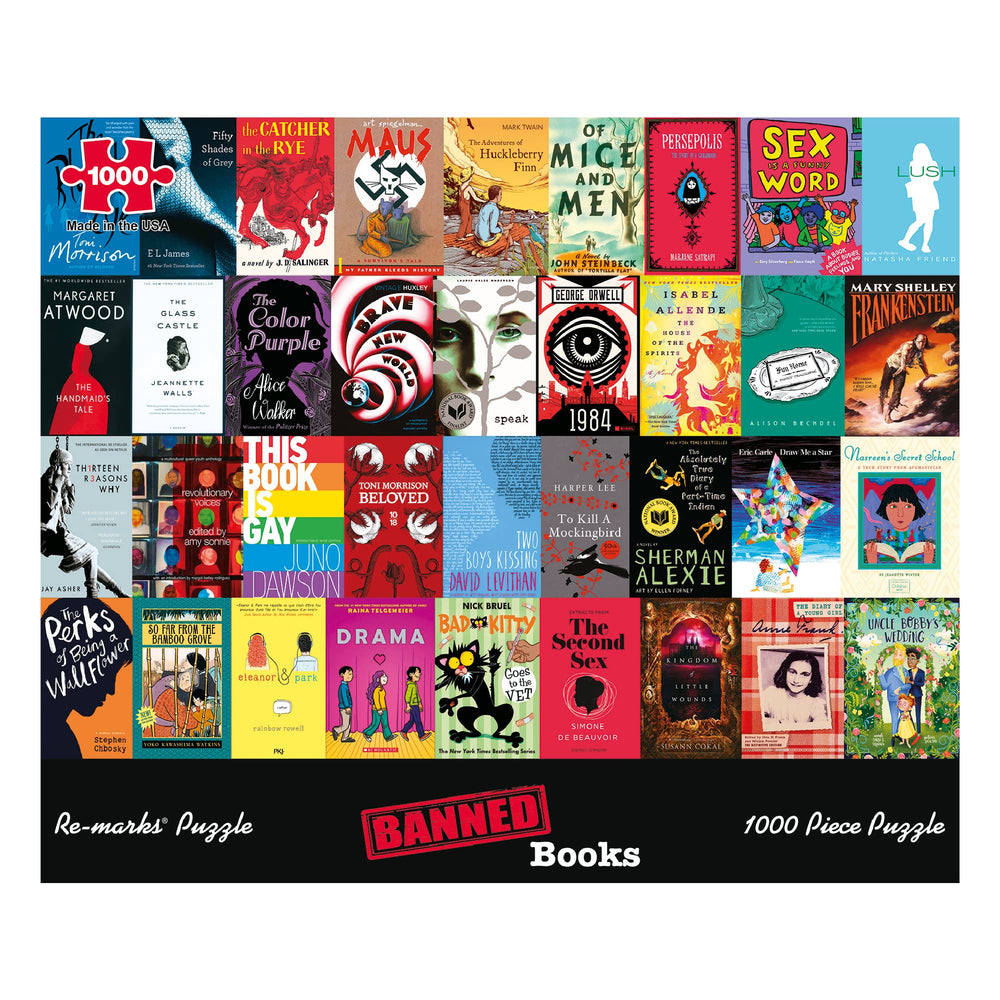 Re-Marks Banned Books collage puzzle with iconic covers for nostalgic family fun.