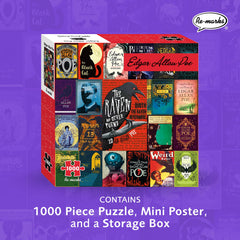 Re-Marks Edgar Allan Poe puzzle pieces assembled reveal 21 book covers in bright colors.