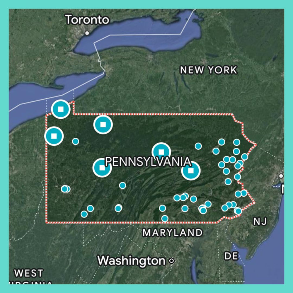 Reach International Outfitters Pennsylvania map with bucket-list icons to plan trips.