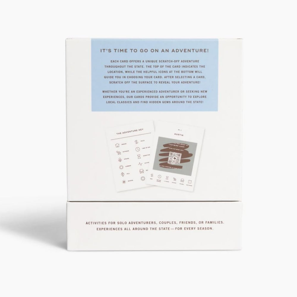 Reach International Outfitters Texas Adventure Bucket List card back shows season icons for planning