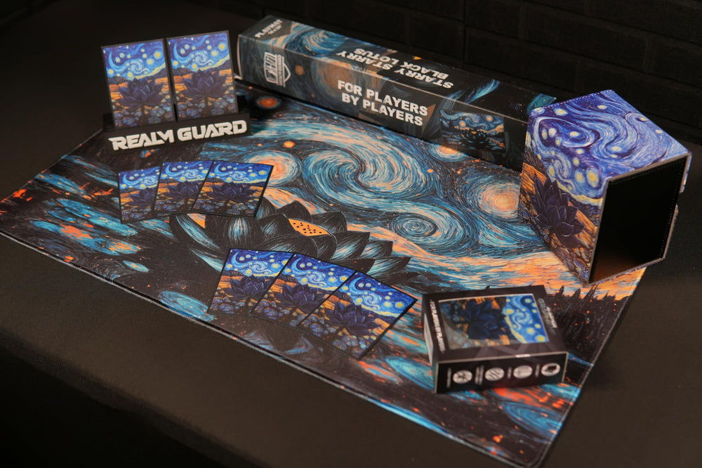 Realm Guard playmat stitched edges close-up show durable framing during long sessions.