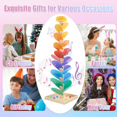 RECEKA marble run tree produces pleasant wooden sounds during play.