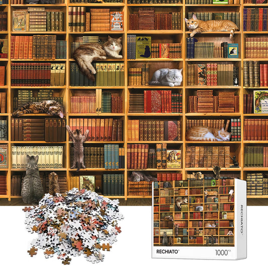RECHIATO Cats Library puzzle box shown for family game night