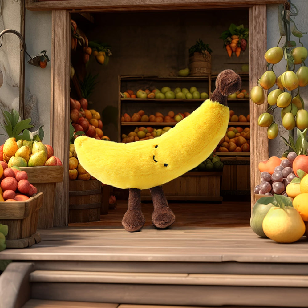 RECUR banana plush shown as a friendly travel companion and comfort buddy.