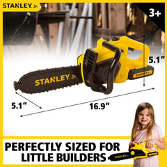Child outdoors playing with Red Toolbox Stanley Jr chainsaw during adventure
